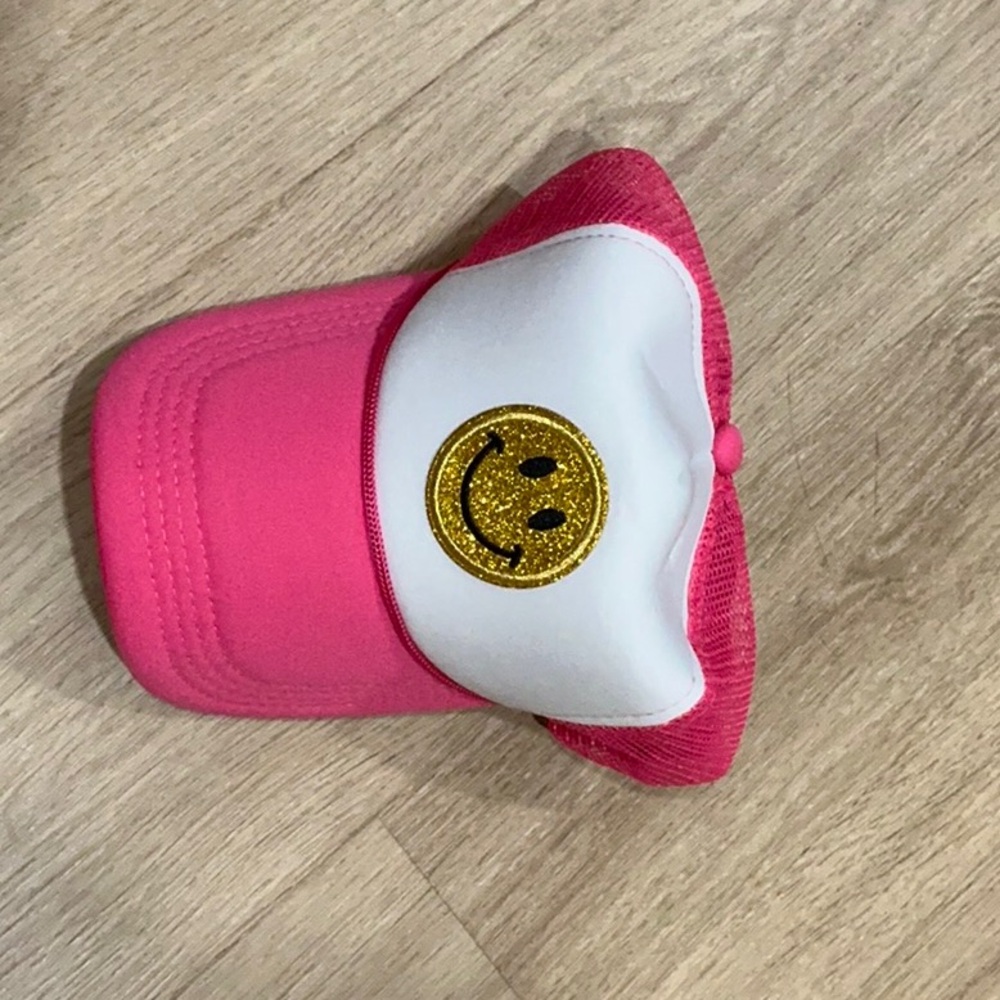 Pink and White Kids Cap with Smiley Face
